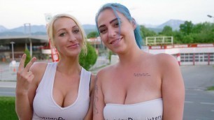 Two busty amateur models give a dildo show