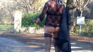public walk in short dress , stockings and High Heels